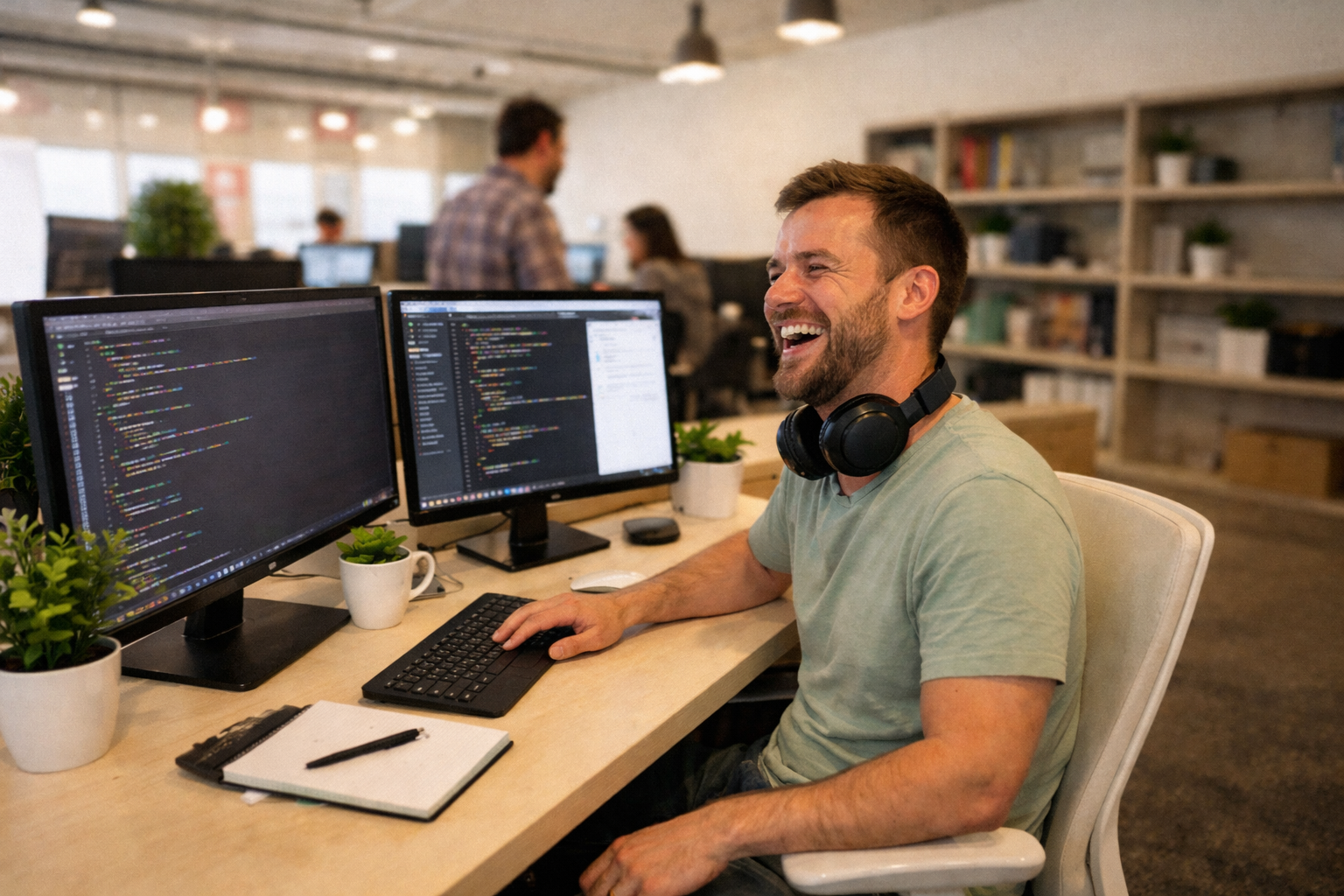 A charismatic developer laughs while working at the office